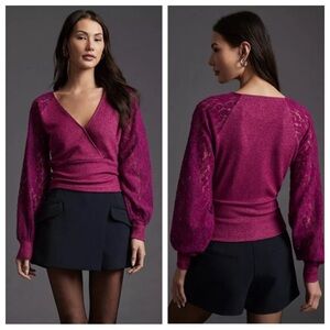 Anthropologie V-Neck Lace Sleeve Sweater Top, deep berry pink magenta, size L